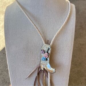 Boot pendant Western style bolo tie floral braided white cord Cowboy cowgirl